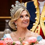 Königin Máxima freut sich auf einen unterhaltsamen Abend. Die niederländische Royal trägt für das Dinner ein schulterfreies Kleid und dazu ein mit Diamanten besetztes Diadem und passende Ohrringe. 