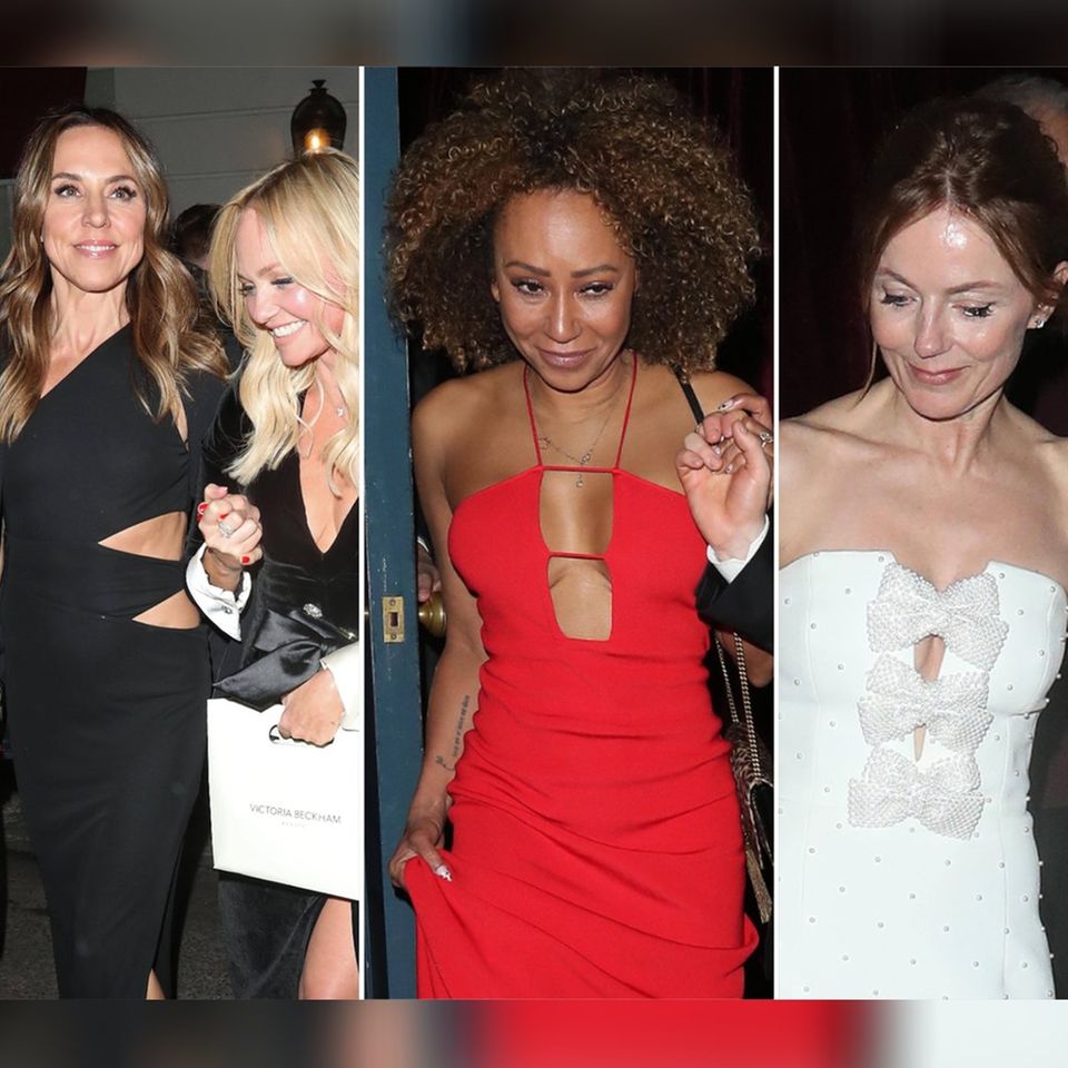 Victoria Beckhams Spice-Girl-Kolleginnen Mel C, Emma Bunton, Mel B und Geri Horner (v.l.n.r.) auf dem Weg zur Geburtstagssause