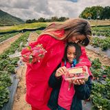 So schön kann das Leben sein: Ciara pflückt mit ihrer 7-jährigen Tochter Sienna Princess leckere Erdbeeren und könnte dabei kaum glücklicher aussehen. Und passend in Rot gekleidet sind die beiden außerdem.