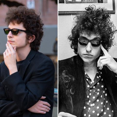 Links Timothée Chalamet 2024 als Bob Dylan und rechts der echte Bob Dylan im Jahr 1966.