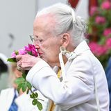 Königin Margrethe nimmt sich die Zeit und schnuppert genüsslich an den blühenden Strauchrosen. 
