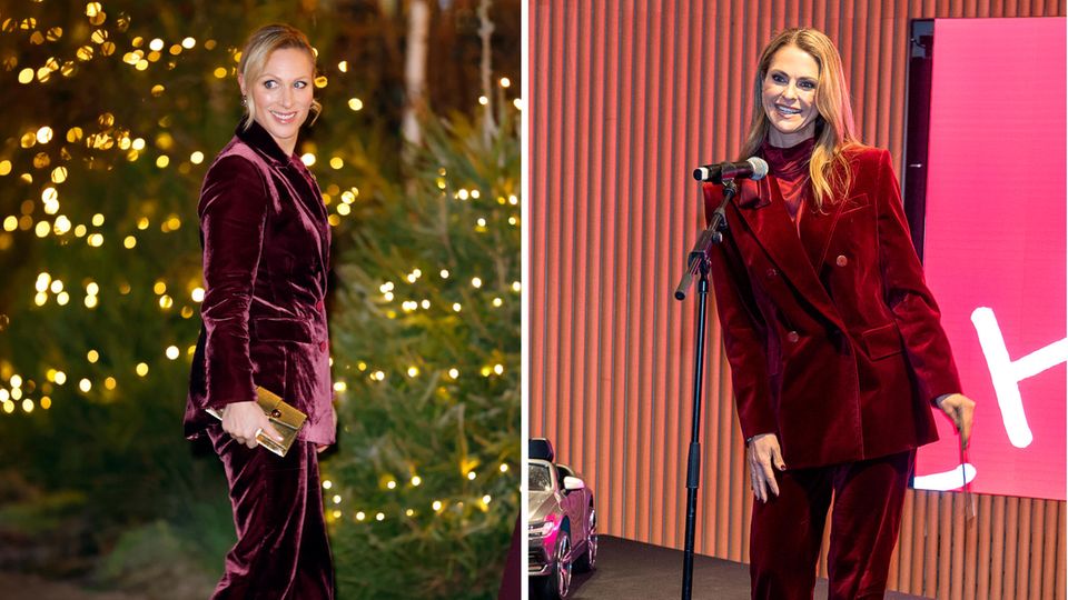 Zara Tindall trägt zum Weihnachtskonzert von Catherine, Princess of Wales, einen Samtanzug von Veronica Beard. Nur sechs Tage später entscheidet sich auch Prinzessin Madeleine für einen Velours-Zweiteiler, jedoch von Max Mara. 