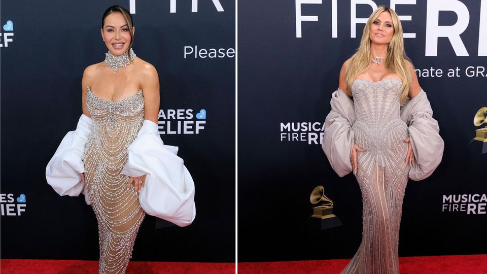 Chiquis Rivera und Heidi Klum setzten bei den diesjährigen Grammys auf trägerlose Kleider und ausladende Boldero-Jacken. 