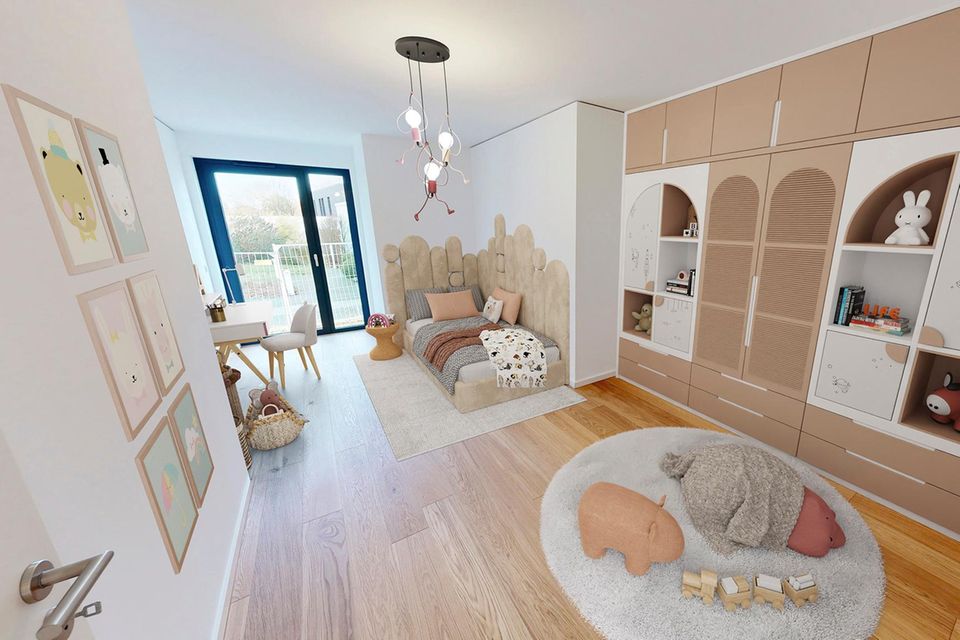 Gemütlich, hell und kindgerecht: Im pastellfarbenen Kinderzimmer gibt es genug Platz zum Spielen, Toben und Relaxen.