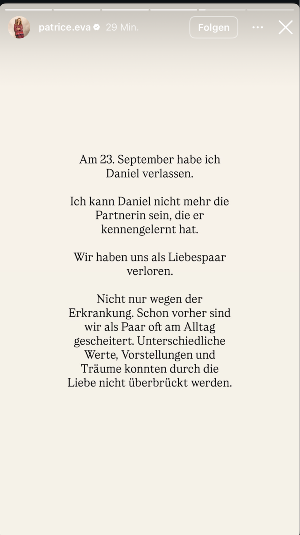 "Wir haben uns als Liebespaar verloren", schreibt Patrice Aminati in ihrer Instagram-Story. 