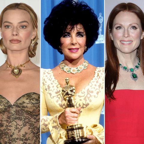 Elizabeth Taylors (M.) Schmuck schmückt noch heute Stars wie Margot Robbie (l.) und Julianne Moore.
