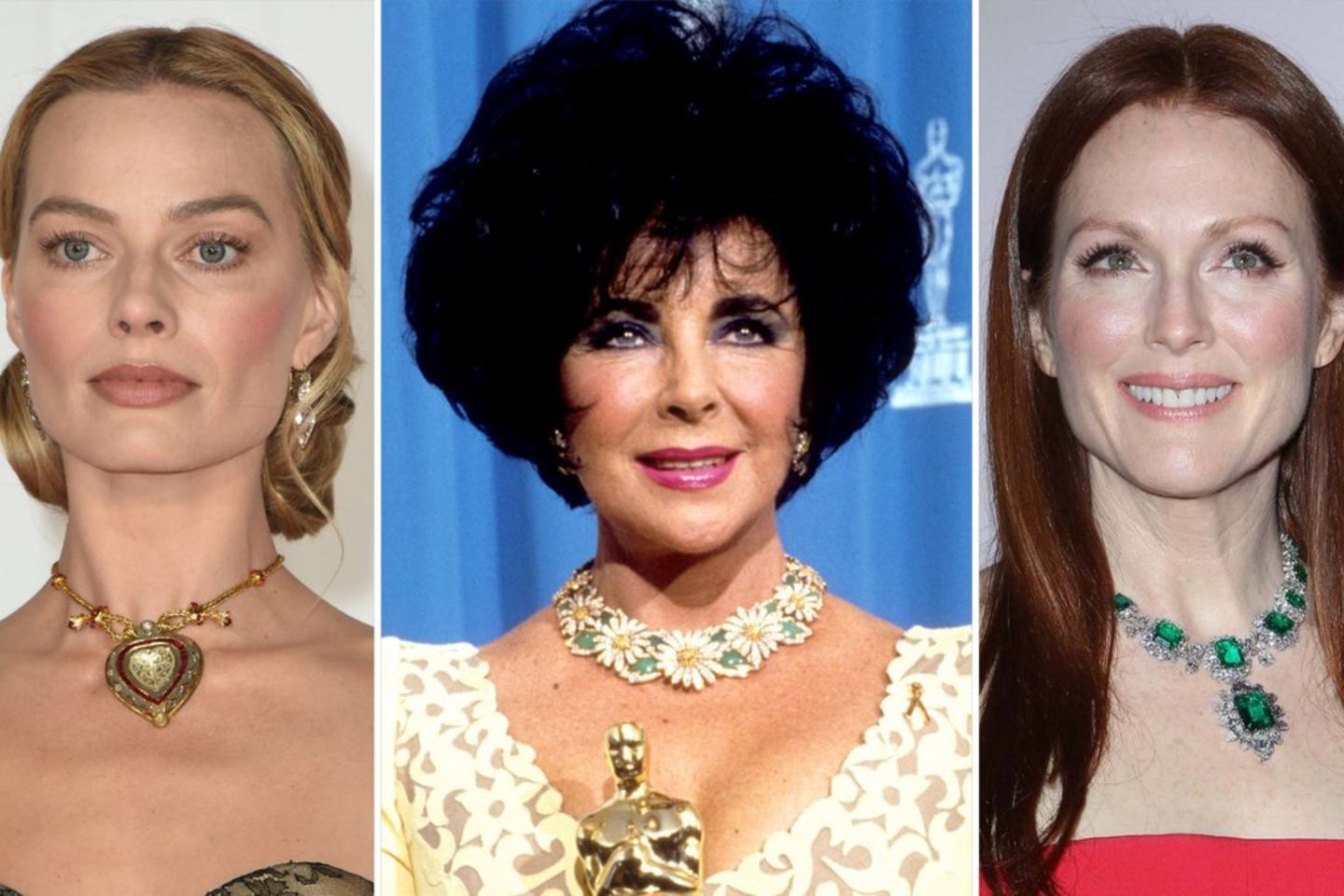 Elizabeth Taylors (M.) Schmuck schmückt noch heute Stars wie Margot Robbie (l.) und Julianne Moore.