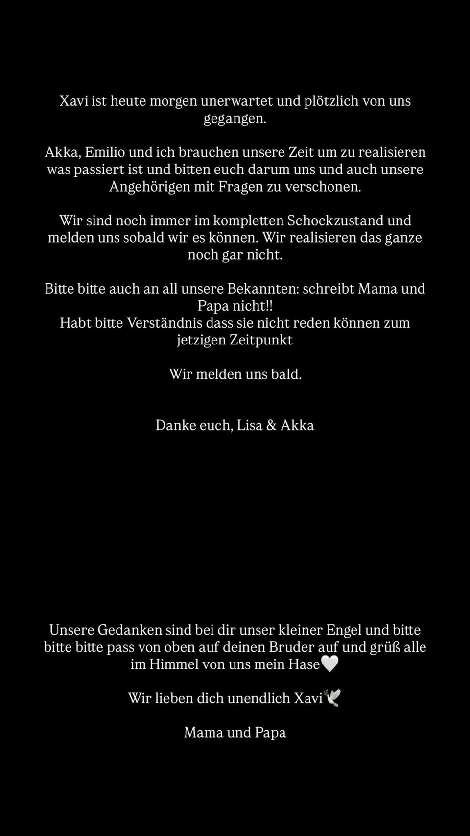 Mit diesen Worten macht Lisa Straube den Tod ihres Sohnes Xavi öffentlich.