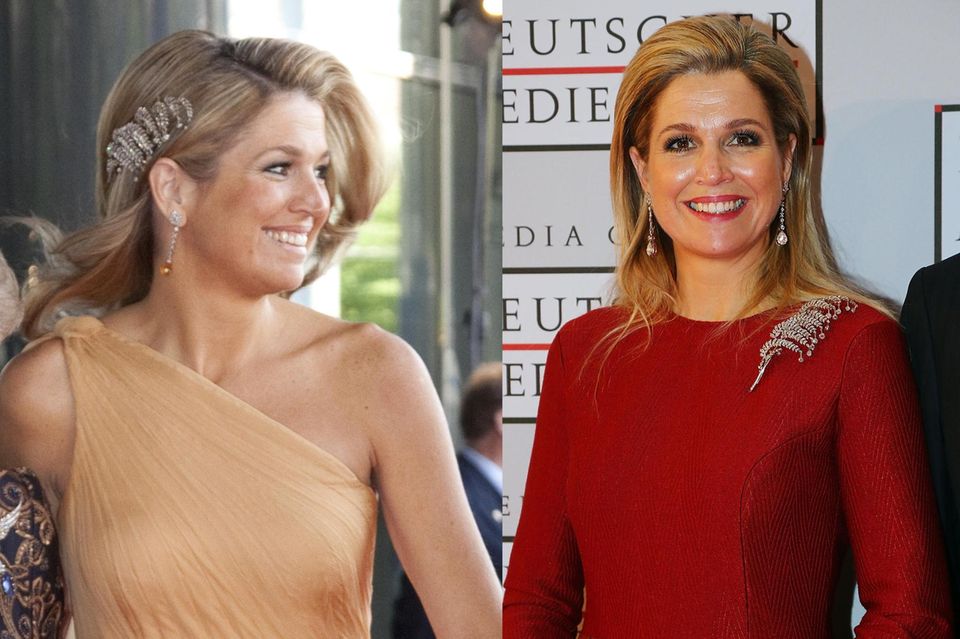 Königin Máxima, die Queen Emmas Aigrette trägt.